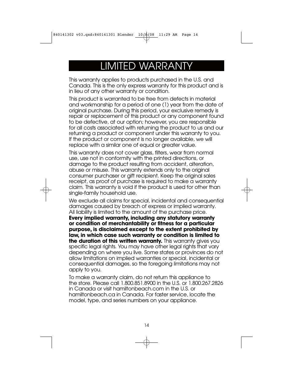 Limited warranty | Hamilton Beach 840141302 User Manual | Page 14 / 16