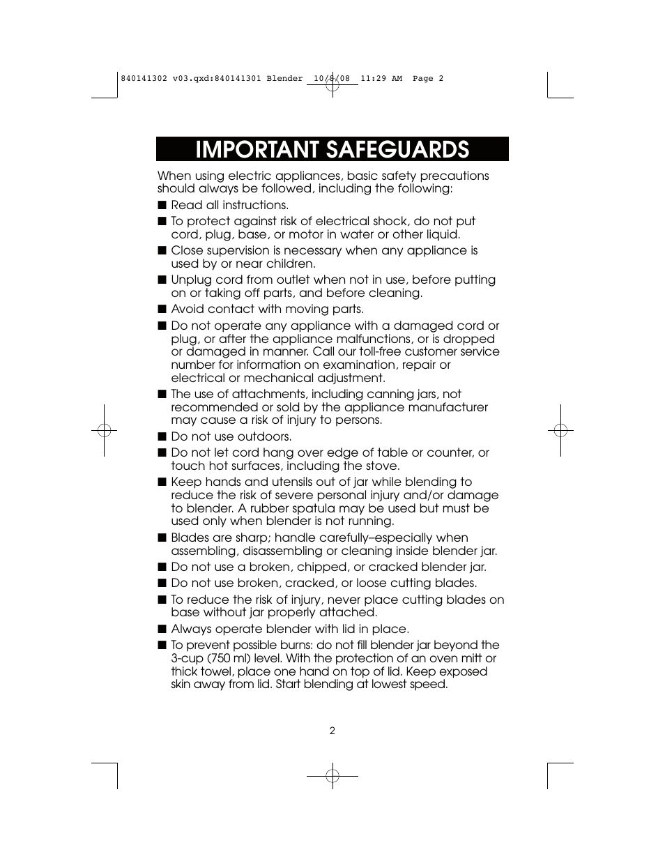 Important safeguards | Hamilton Beach 840141302 User Manual | Page 2 / 16