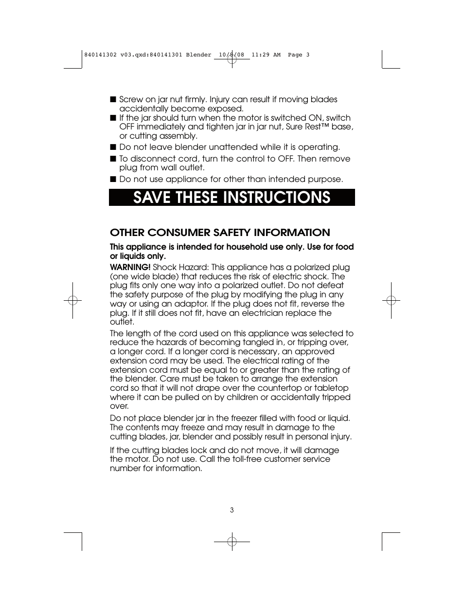 Save these instructions | Hamilton Beach 840141302 User Manual | Page 3 / 16