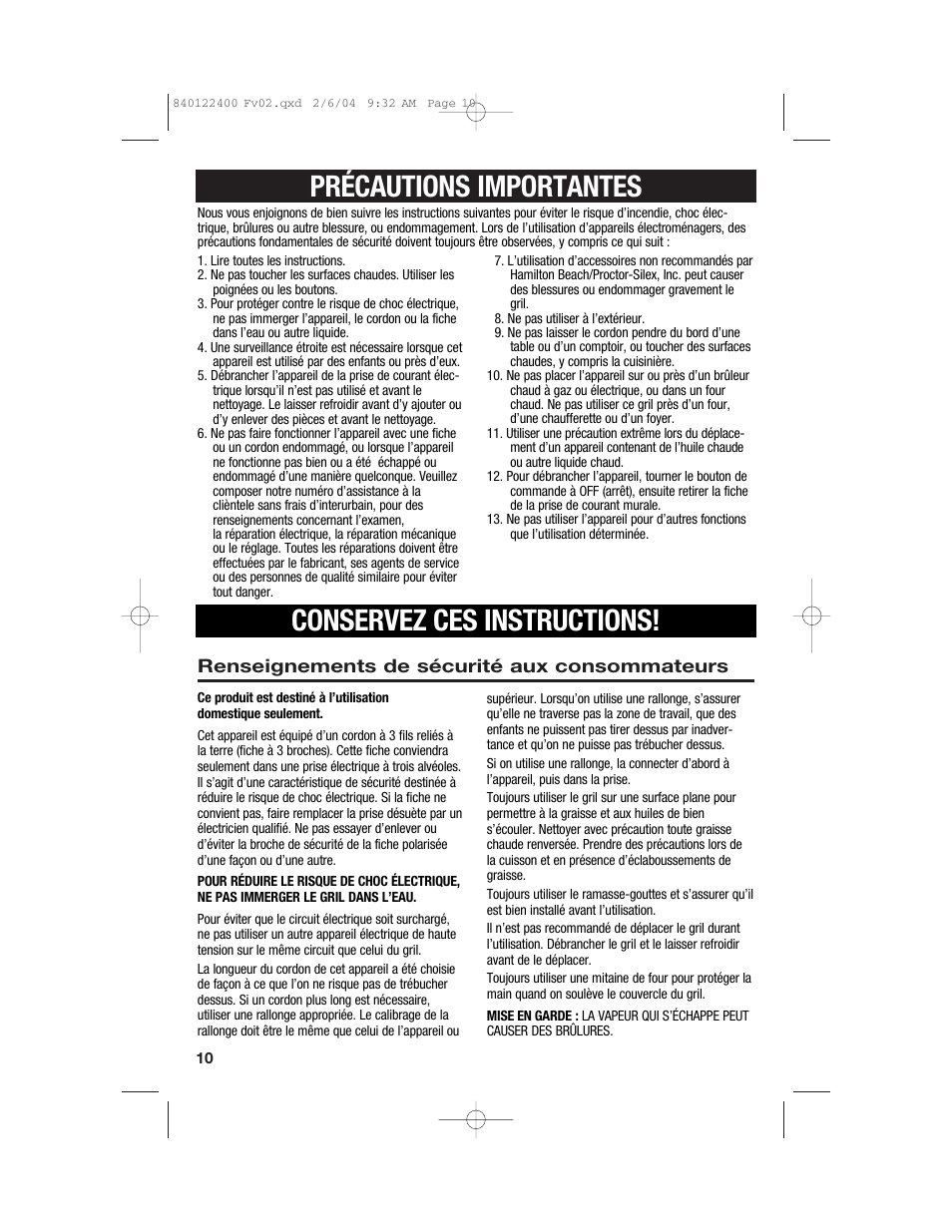 Précautions importantes conservez ces instructions | Hamilton Beach 25326C User Manual | Page 10 / 24