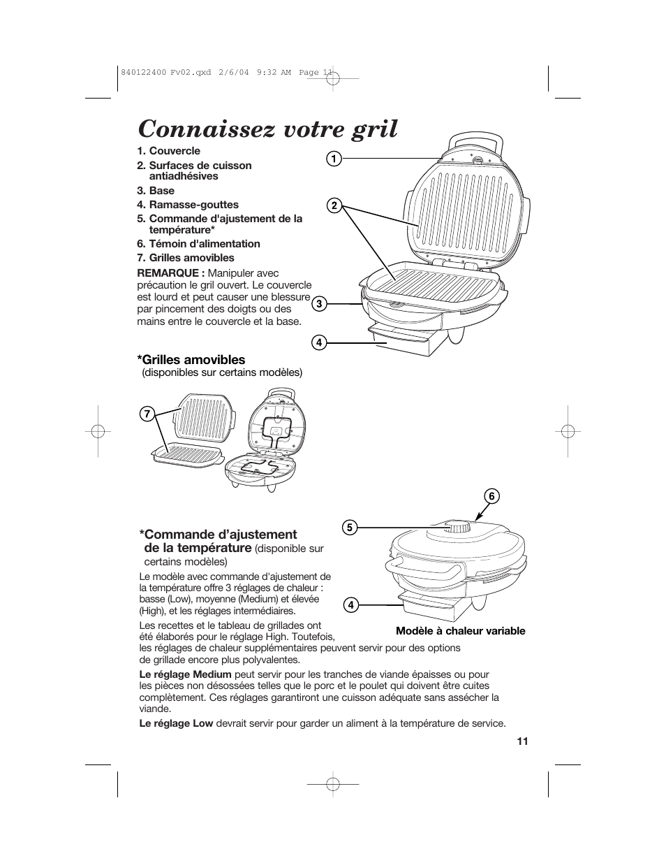 Connaissez votre gril | Hamilton Beach 25326C User Manual | Page 11 / 24
