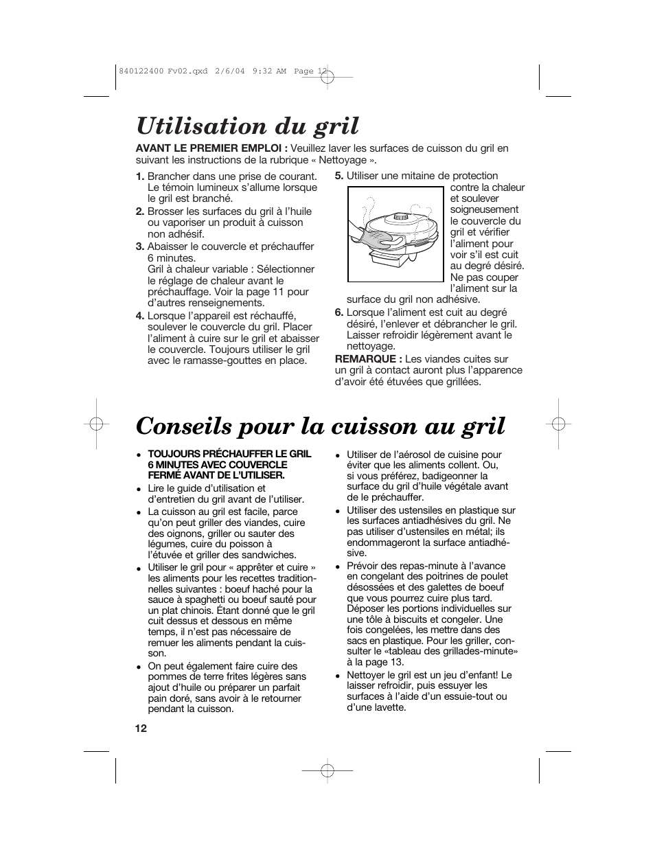 Utilisation du gril, Conseils pour la cuisson au gril | Hamilton Beach 25326C User Manual | Page 12 / 24