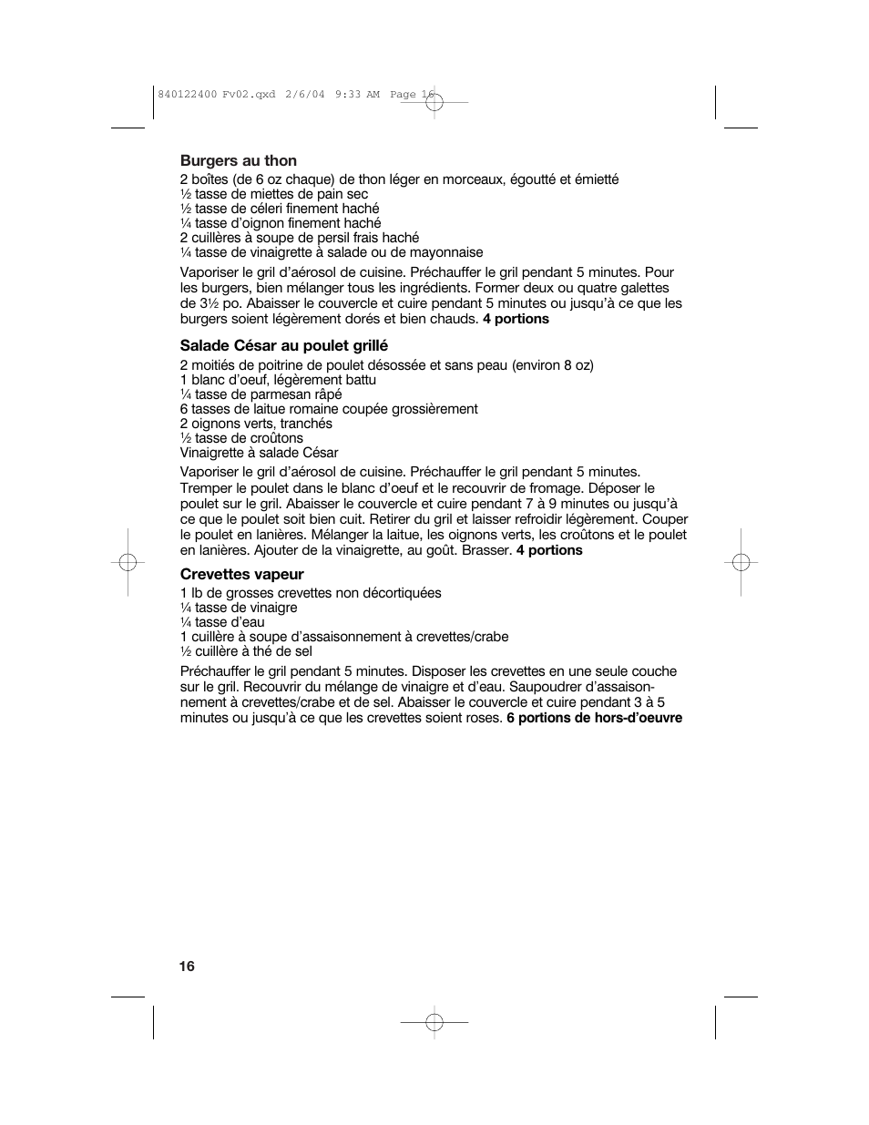 Burgers au thon, Salade césar au poulet grillé, Crevettes vapeur | Hamilton Beach 25326C User Manual | Page 16 / 24