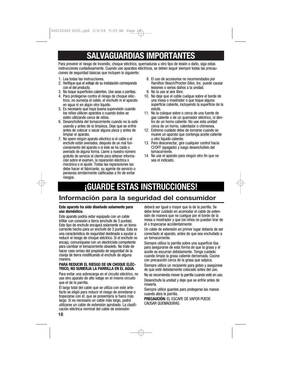 Información para la seguridad del consumidor | Hamilton Beach 25326C User Manual | Page 18 / 24