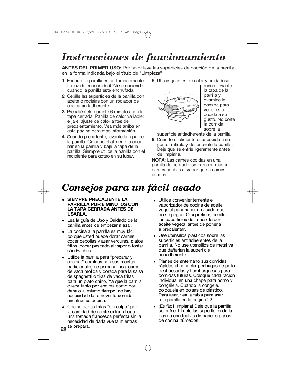 Instrucciones de funcionamiento, Consejos para un fácil asado | Hamilton Beach 25326C User Manual | Page 20 / 24