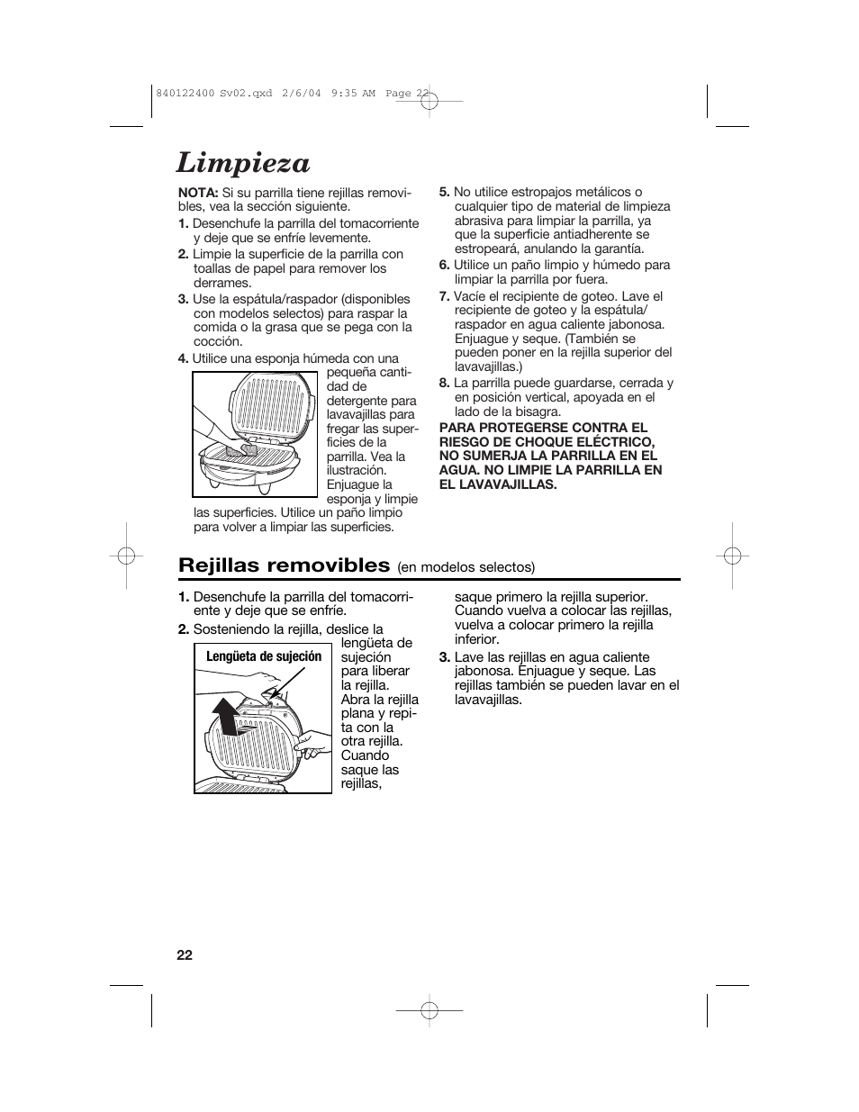 Limpieza, Rejillas removibles | Hamilton Beach 25326C User Manual | Page 22 / 24