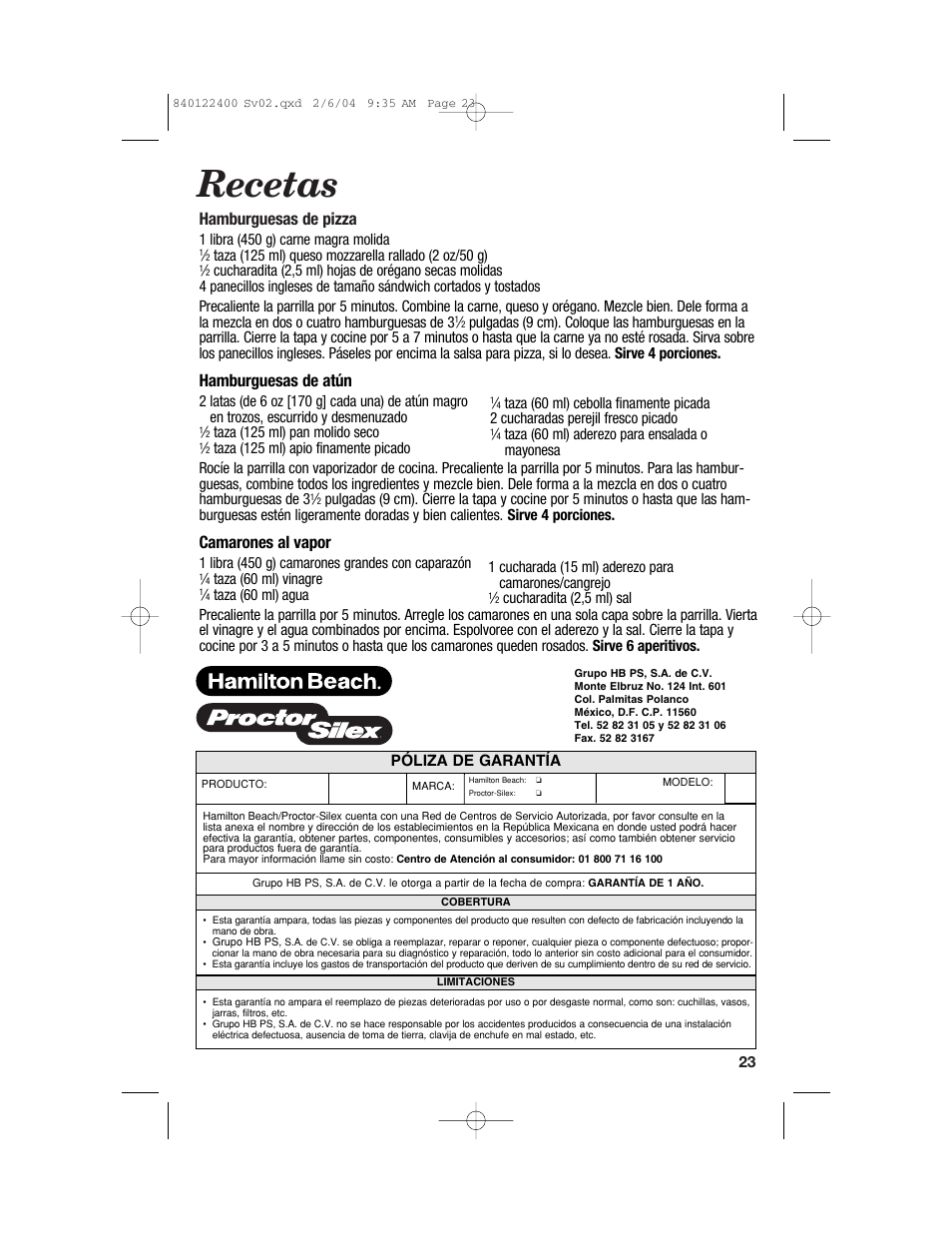 Recetas, Hamburguesas de pizza, Hamburguesas de atún | Camarones al vapor | Hamilton Beach 25326C User Manual | Page 23 / 24