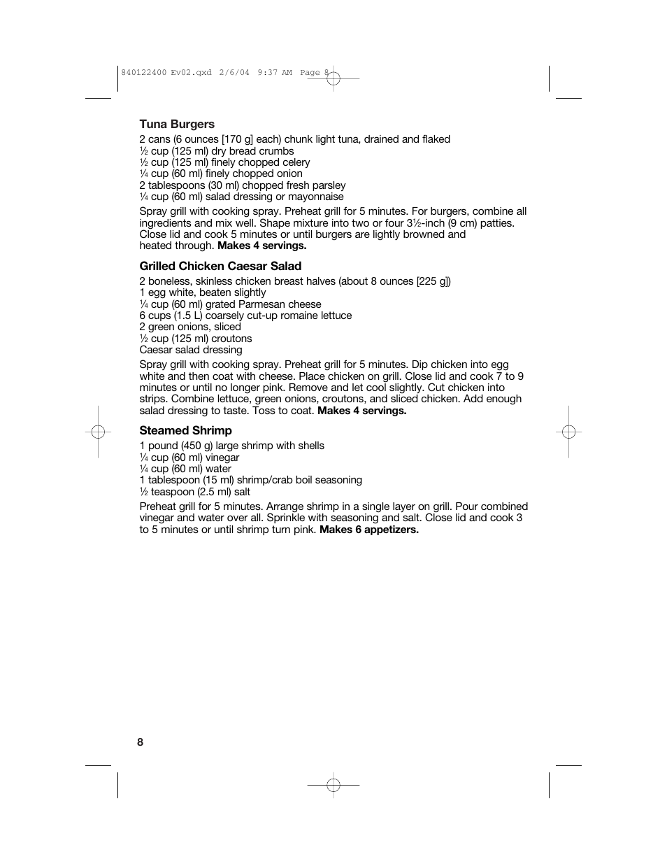 Tuna burgers, Grilled chicken caesar salad, Steamed shrimp | Hamilton Beach 25326C User Manual | Page 8 / 24