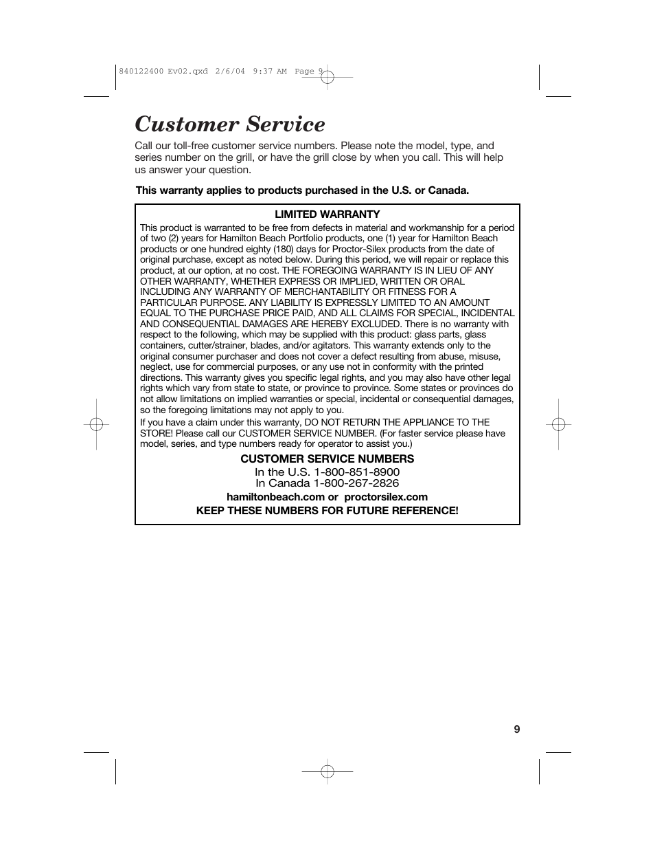 Customer service | Hamilton Beach 25326C User Manual | Page 9 / 24