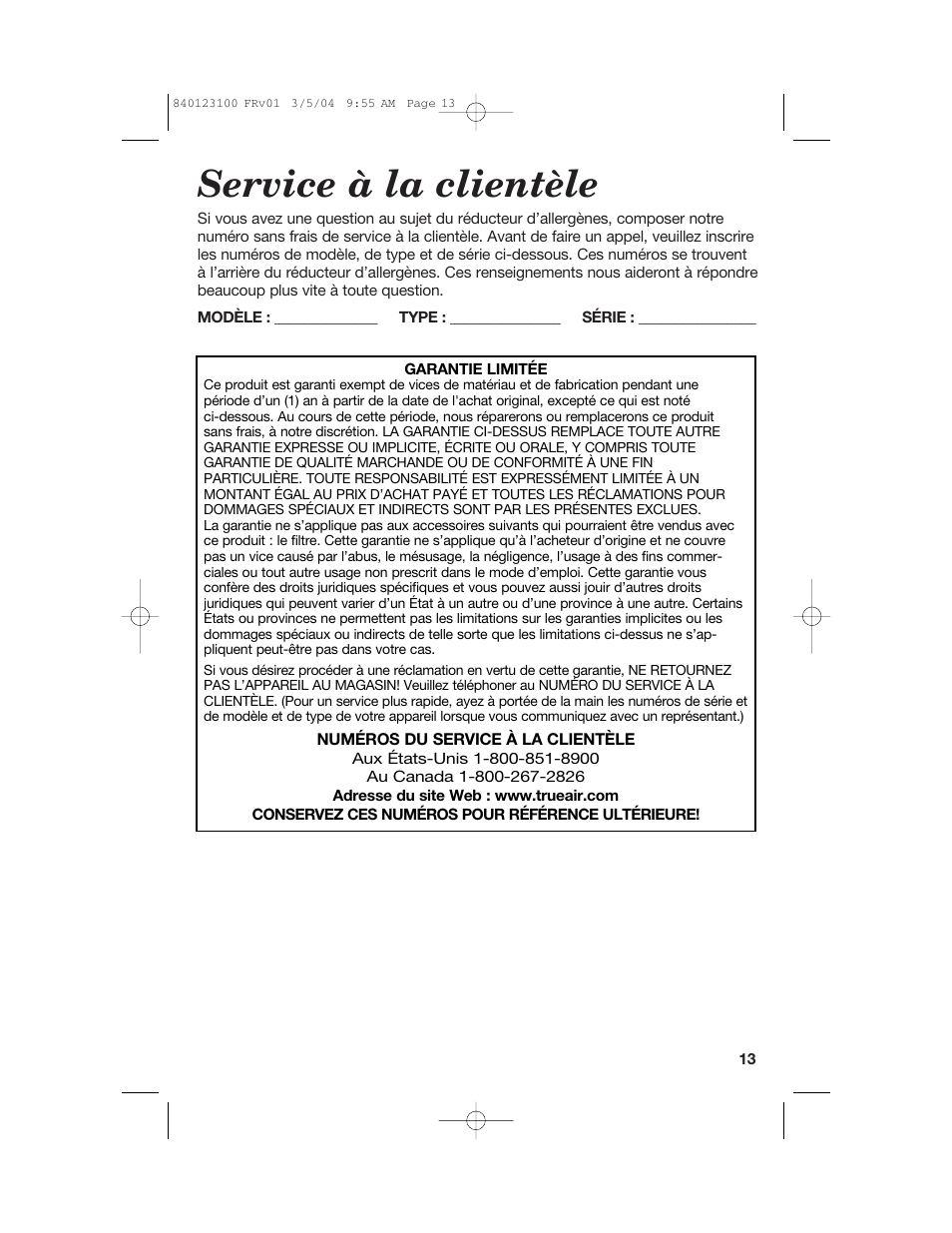 Service à la clientèle | Hamilton Beach TrueAir 840123100 User Manual | Page 13 / 20