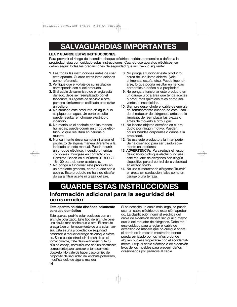 Hamilton Beach TrueAir 840123100 User Manual | Page 14 / 20