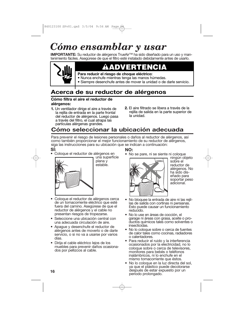 Cómo ensamblar y usar, Wadvertencia, Cómo seleccionar la ubicación adecuada | Acerca de su reductor de alérgenos | Hamilton Beach TrueAir 840123100 User Manual | Page 16 / 20