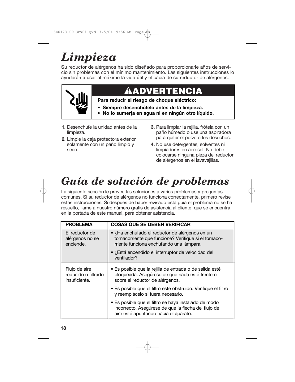 Limpieza, Guía de solución de problemas, Wadvertencia | Hamilton Beach TrueAir 840123100 User Manual | Page 18 / 20