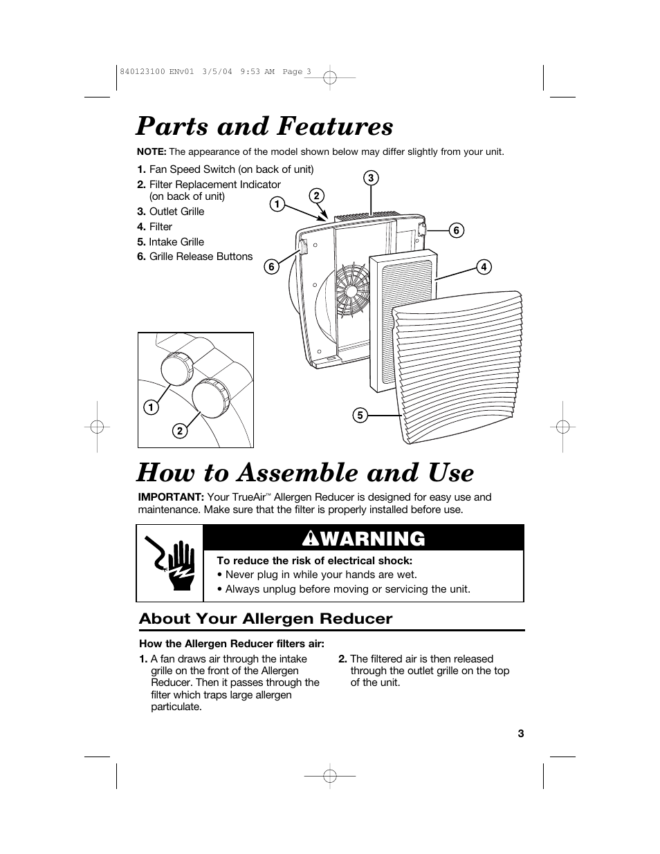 Parts and features, How to assemble and use, Wwarning | Hamilton Beach TrueAir 840123100 User Manual | Page 3 / 20