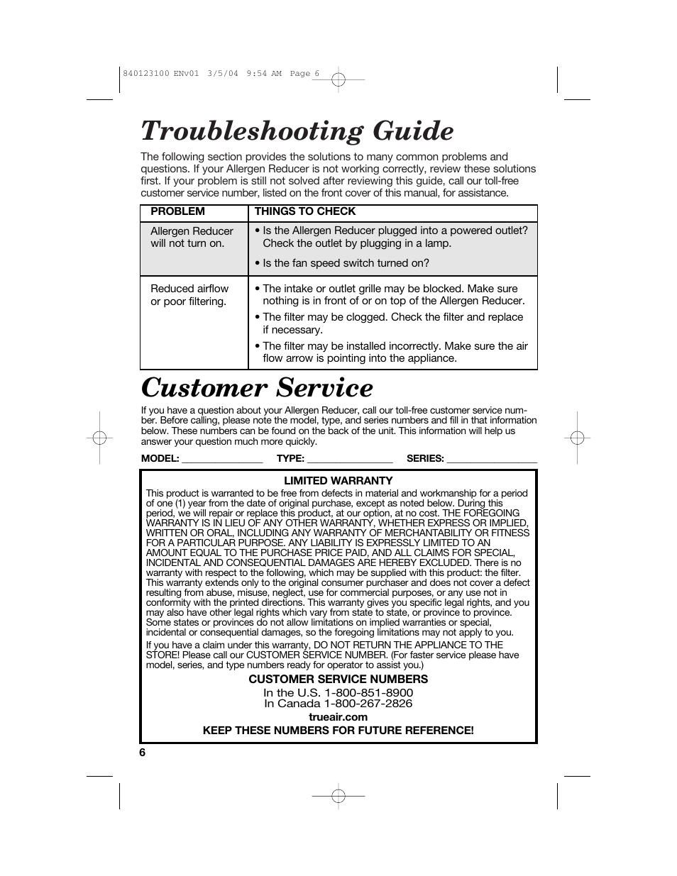 Troubleshooting guide, Customer service | Hamilton Beach TrueAir 840123100 User Manual | Page 6 / 20