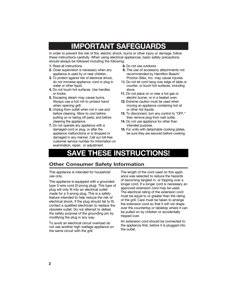 Important safeguards save these instructions | Hamilton Beach 840125300 User Manual | Page 2 / 8