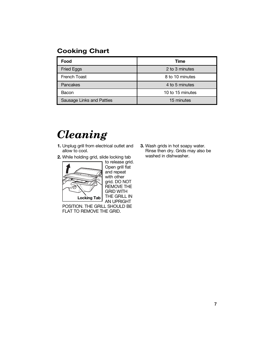 Cleaning, Cooking chart | Hamilton Beach 840125300 User Manual | Page 7 / 8