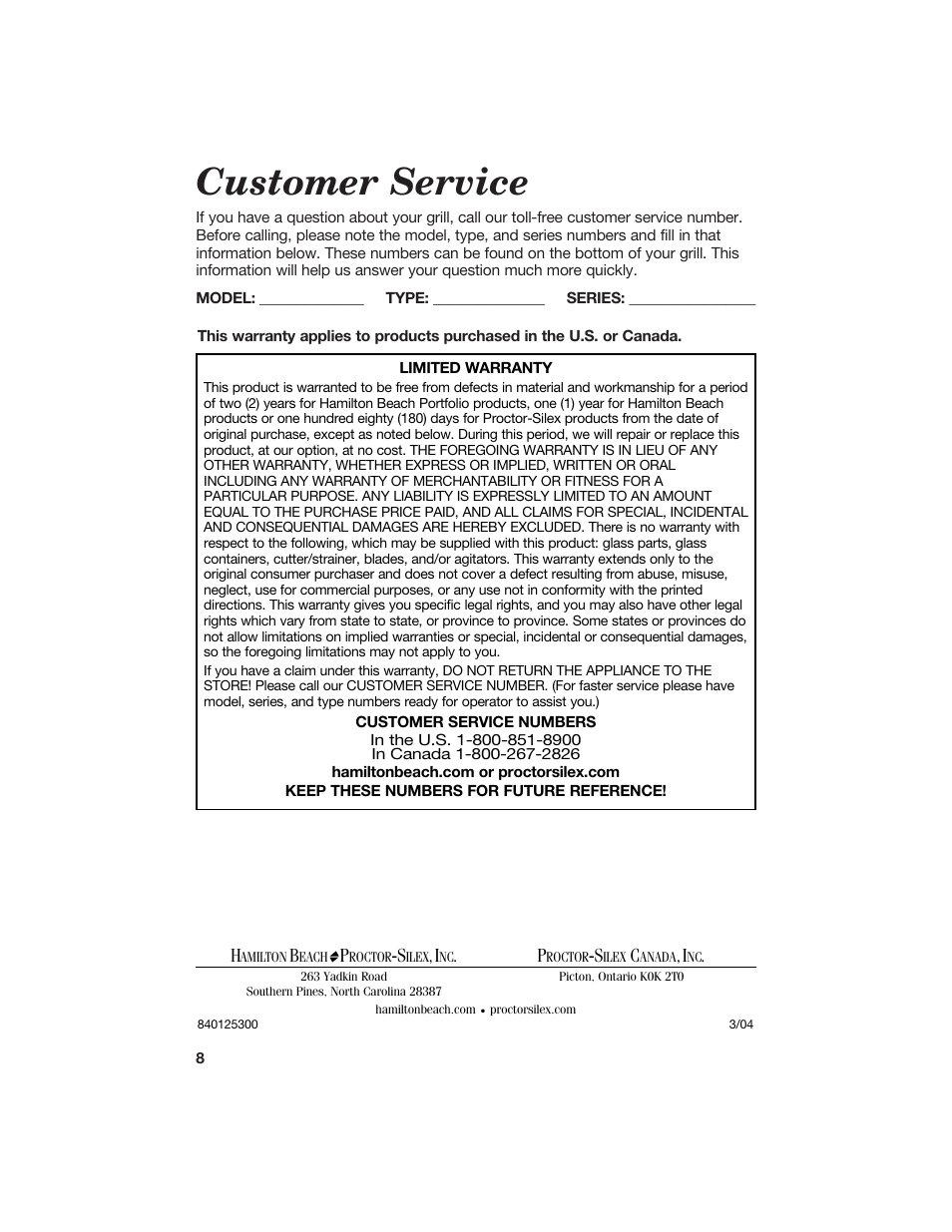 Customer service | Hamilton Beach 840125300 User Manual | Page 8 / 8