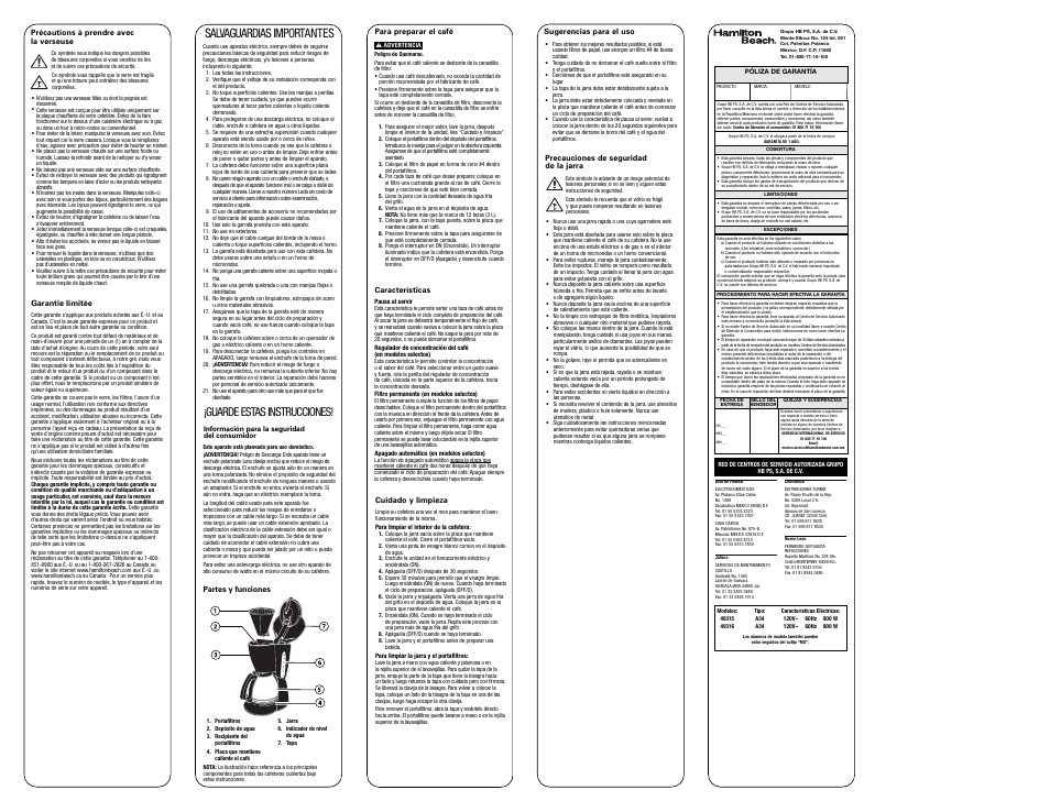 Salvaguardias importantes, Guarde estas instrucciones | Hamilton Beach 49315 User Manual | Page 2 / 2