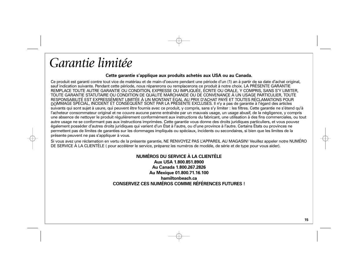 Garantie limitée | Hamilton Beach 840174600 User Manual | Page 15 / 24