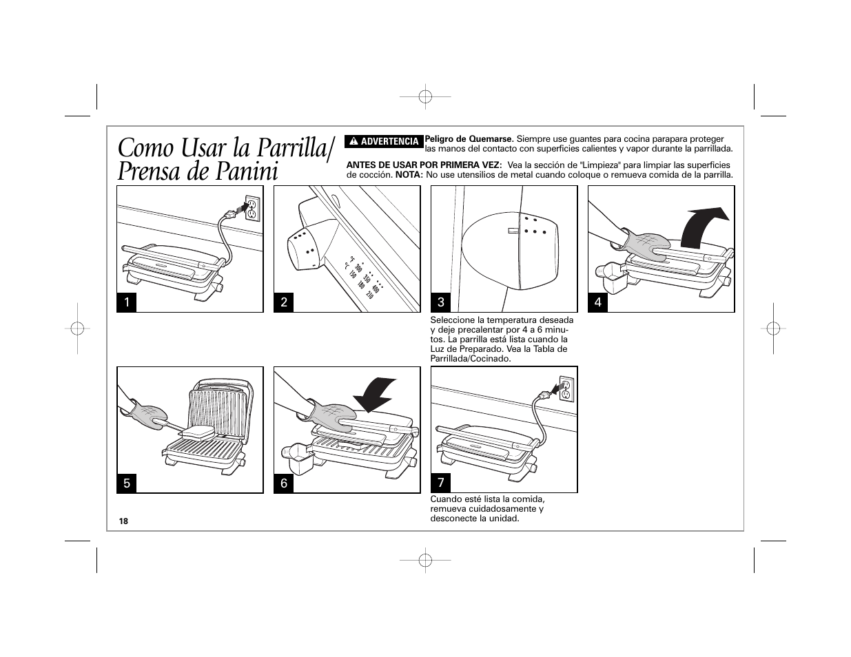 Como usar la parrilla/ prensa de panini | Hamilton Beach 840174600 User Manual | Page 18 / 24