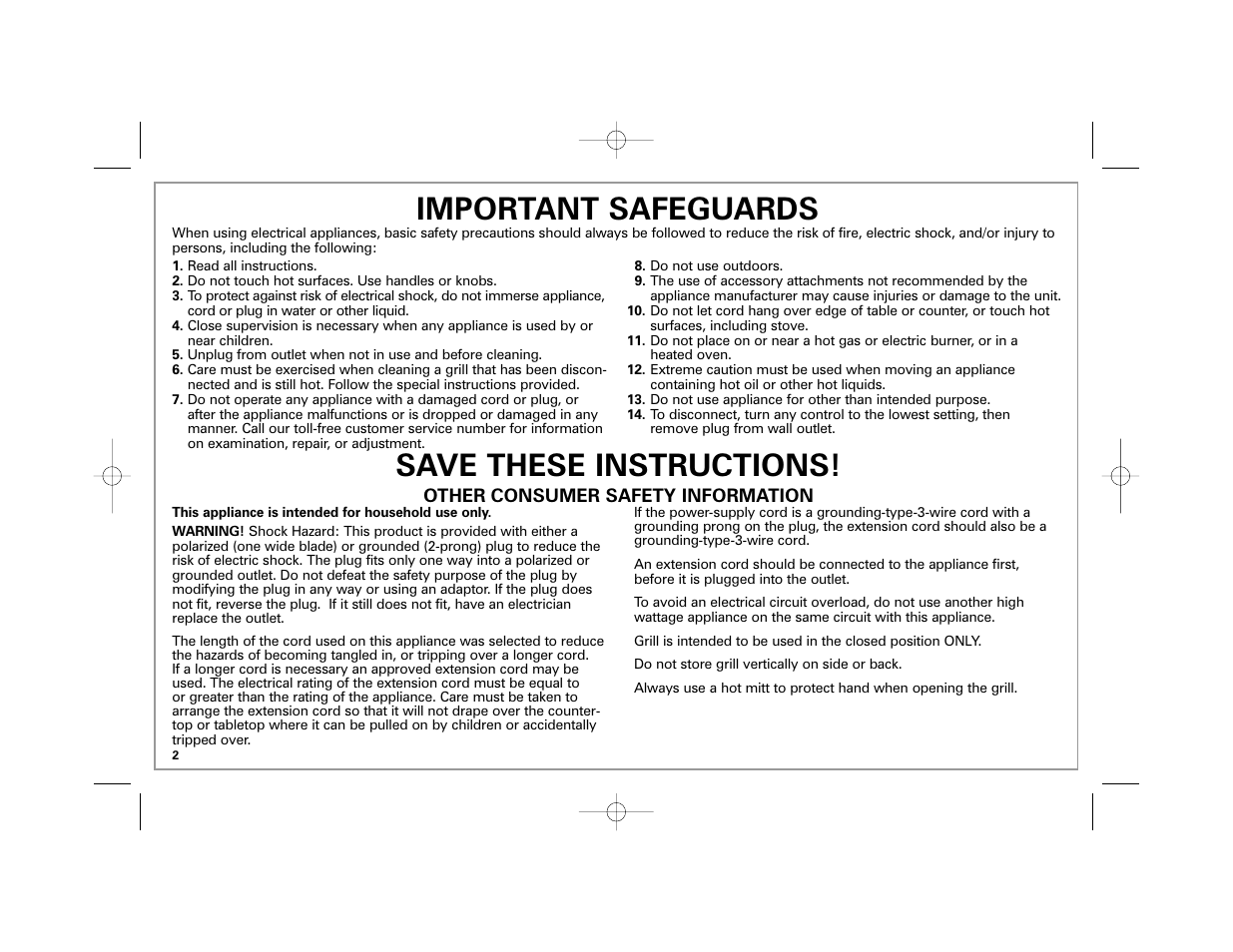 Save these instructions! important safeguards | Hamilton Beach 840174600 User Manual | Page 2 / 24