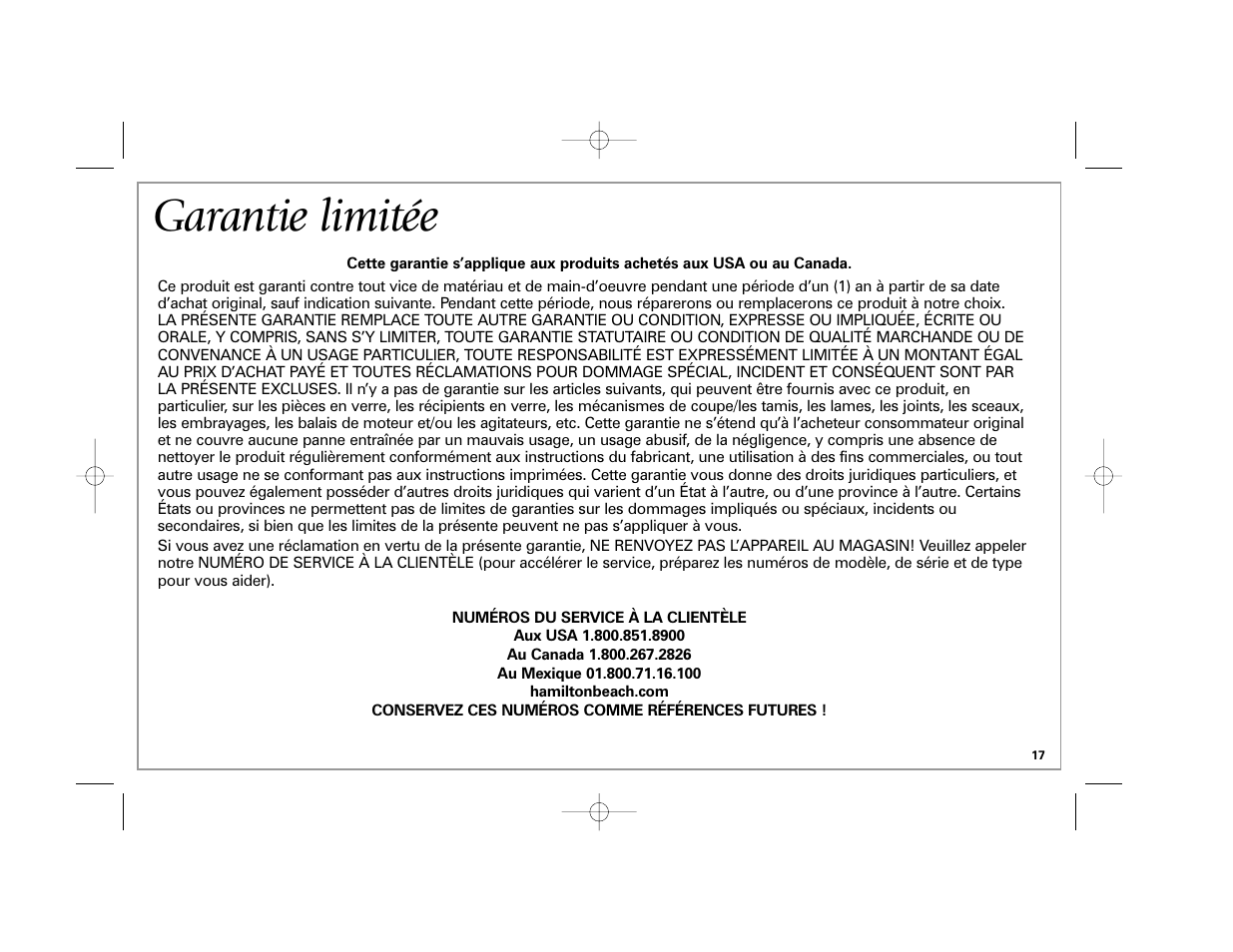 Garantie limitée | Hamilton Beach 6-Cup BrewStation User Manual | Page 17 / 28