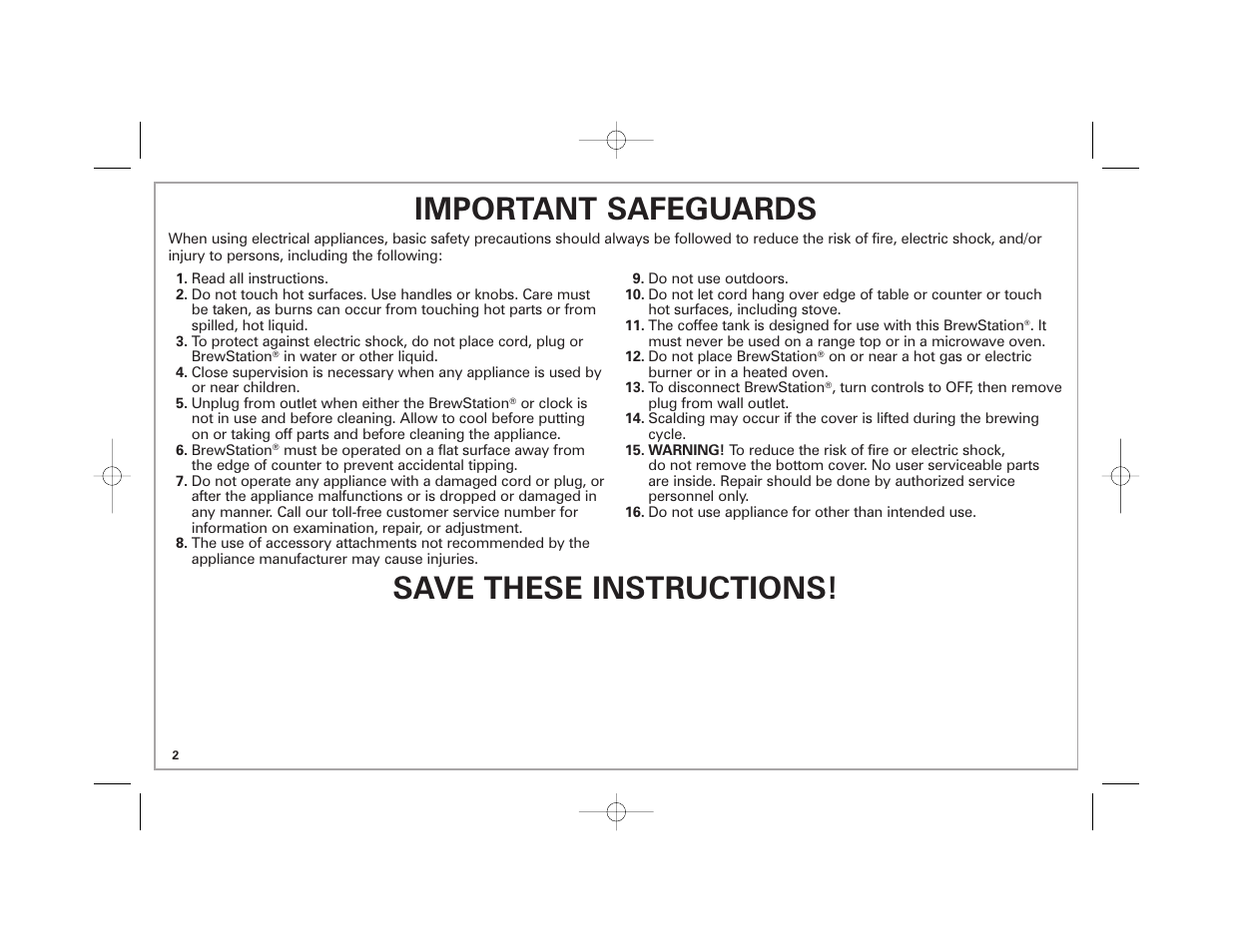 Important safeguards, Save these instructions | Hamilton Beach 6-Cup BrewStation User Manual | Page 2 / 28