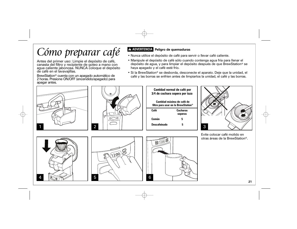 Cómo preparar café | Hamilton Beach 6-Cup BrewStation User Manual | Page 21 / 28