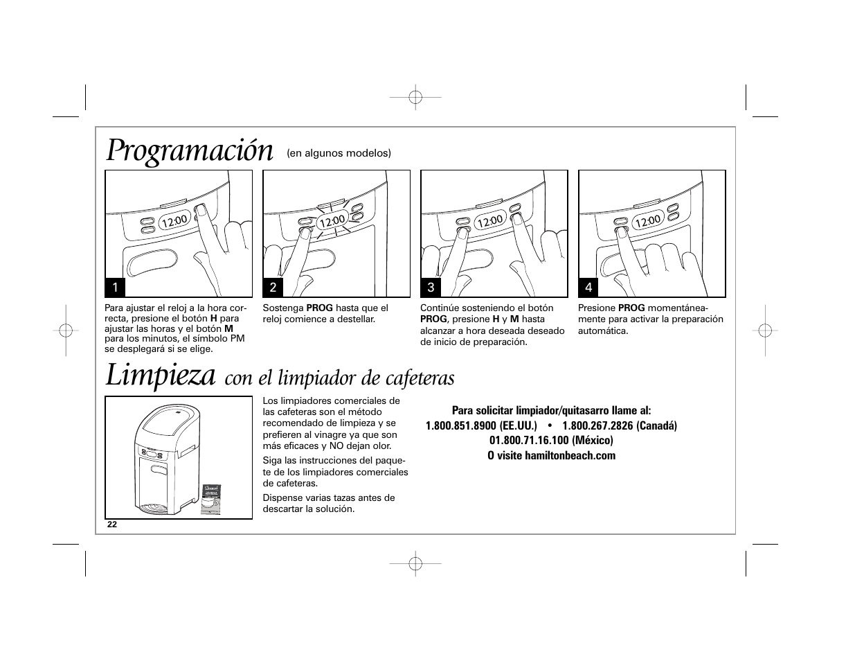 Programación, Limpieza, Con el limpiador de cafeteras | Hamilton Beach 6-Cup BrewStation User Manual | Page 22 / 28