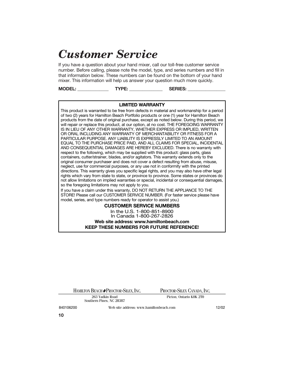 Customer service | Hamilton Beach 840106200 User Manual | Page 10 / 10