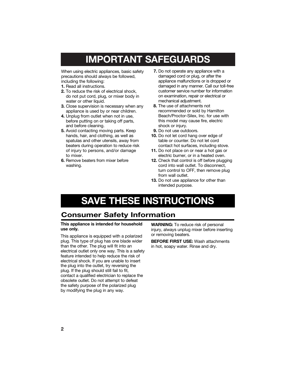 Important safeguards, Save these instructions, Consumer safety information | Hamilton Beach 840106200 User Manual | Page 2 / 10