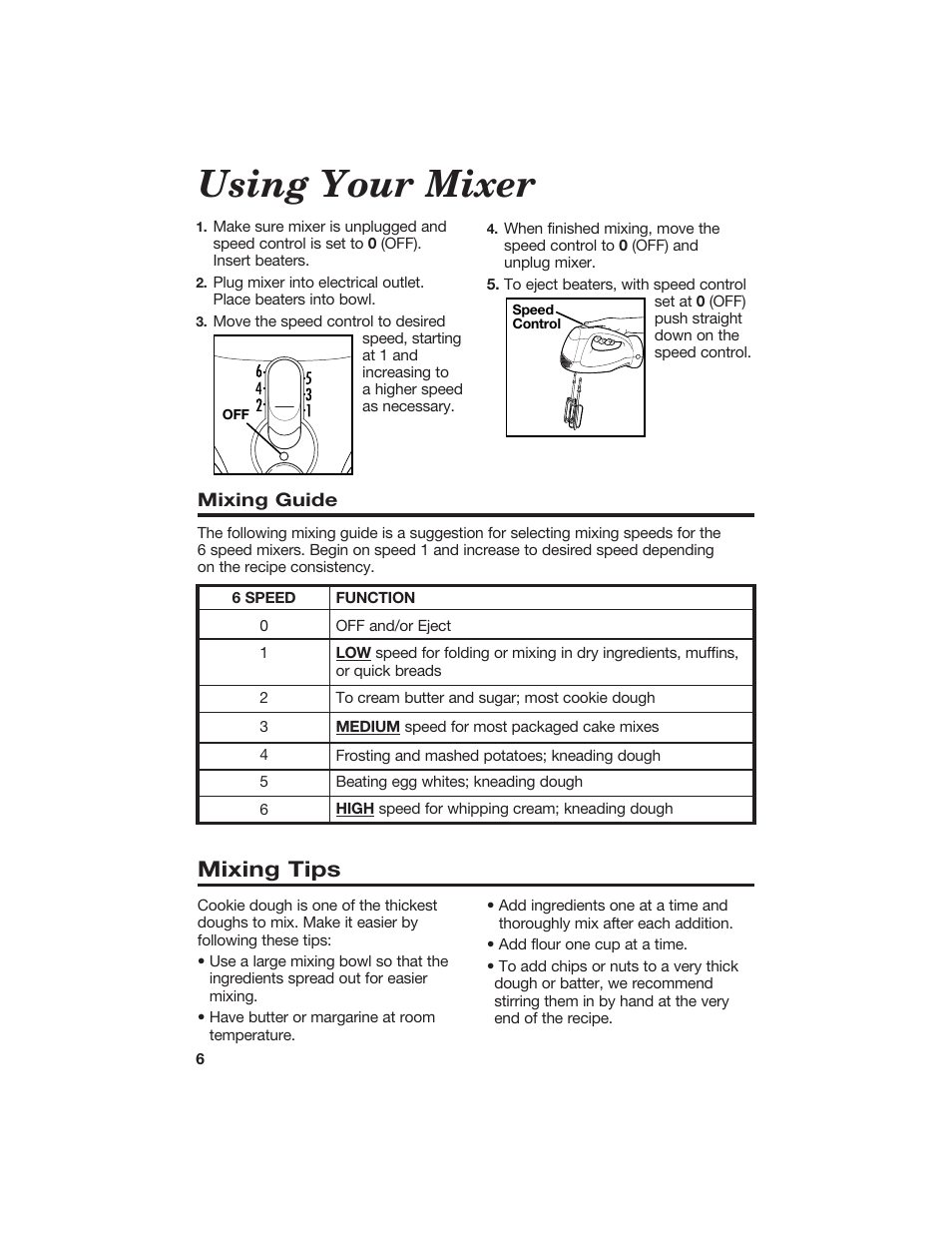 Using your mixer, Mixing tips | Hamilton Beach 840106200 User Manual | Page 6 / 10