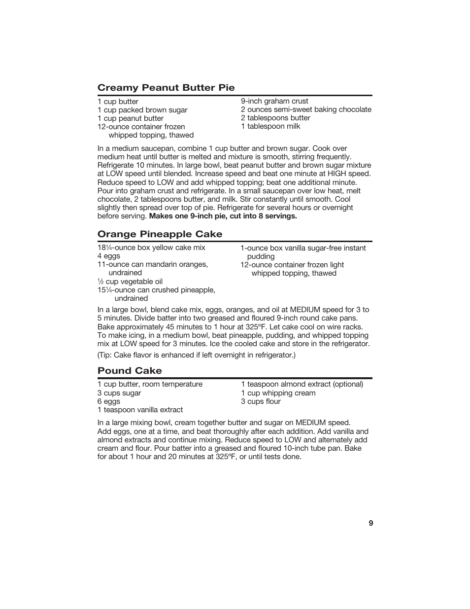 Creamy peanut butter pie, Orange pineapple cake, Pound cake | Hamilton Beach 840106200 User Manual | Page 9 / 10