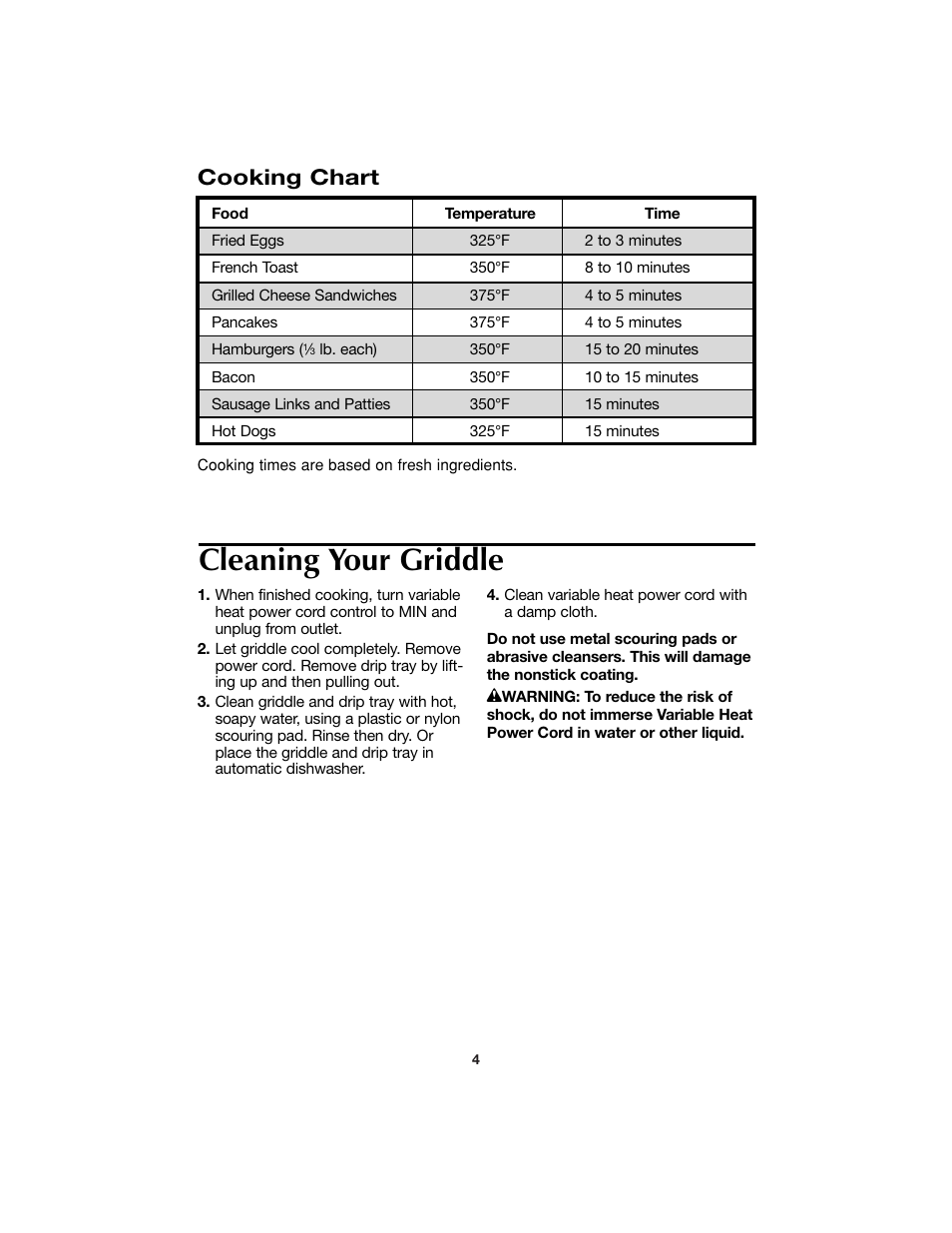 Cleaning your griddle, Cooking chart | Hamilton Beach 840112100 User Manual | Page 4 / 8