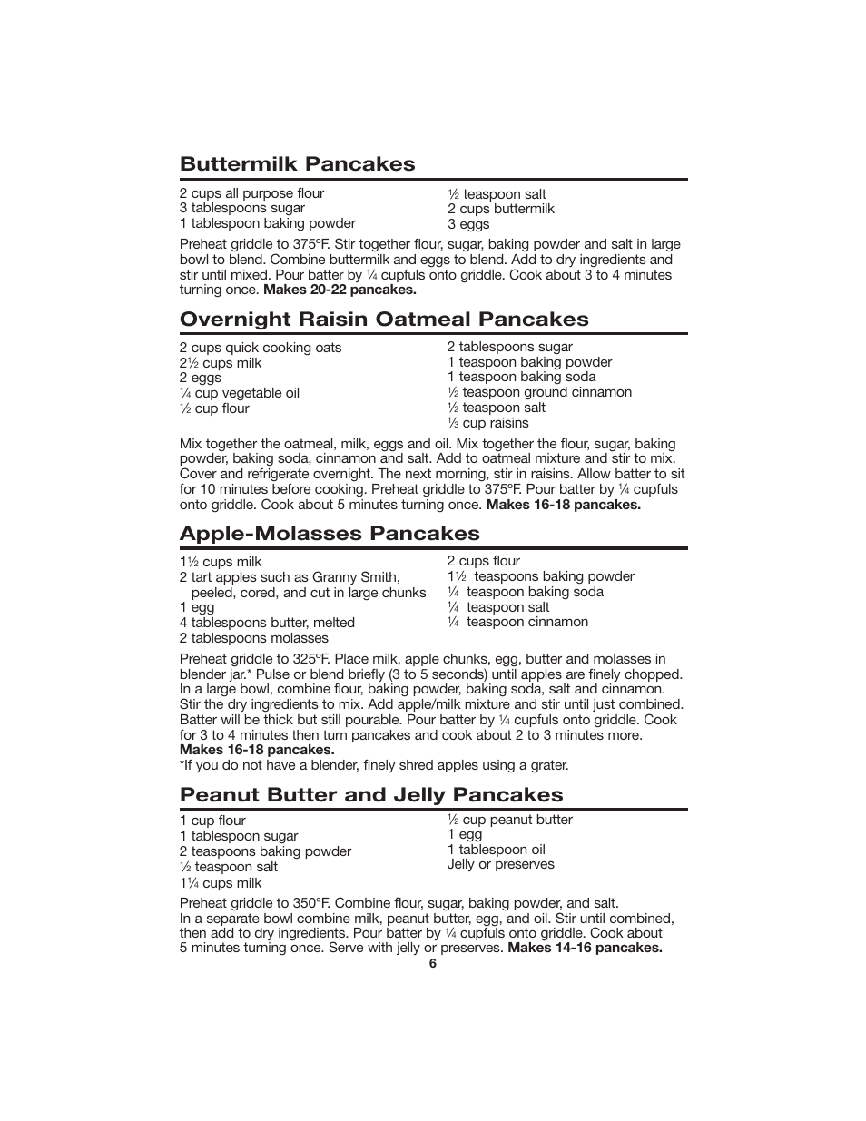 Buttermilk pancakes, Overnight raisin oatmeal pancakes, Apple-molasses pancakes | Peanut butter and jelly pancakes | Hamilton Beach 840112100 User Manual | Page 6 / 8