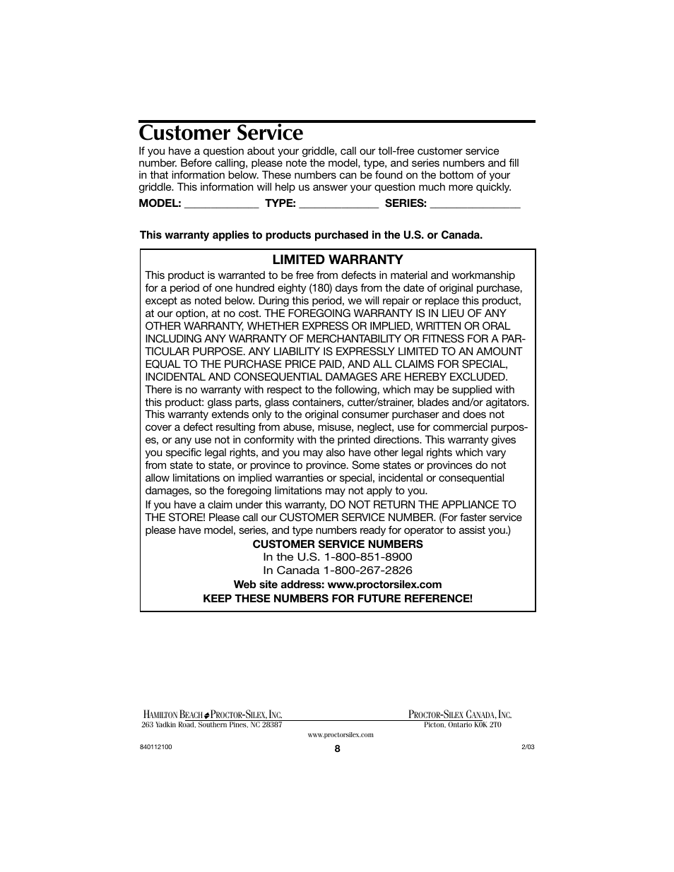 Customer service, Limited warranty | Hamilton Beach 840112100 User Manual | Page 8 / 8