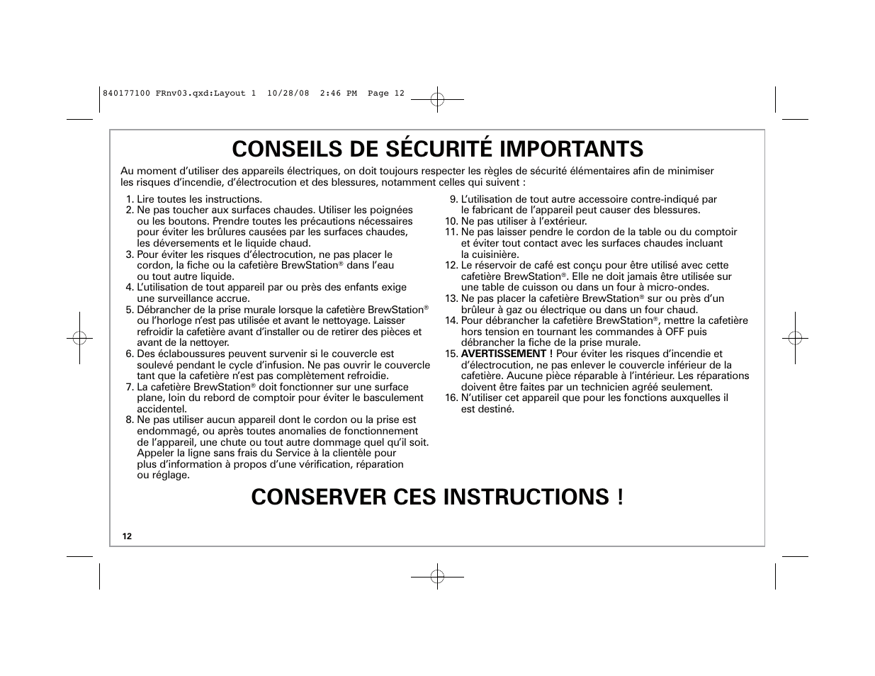 Conseils de sécurité importants, Conserver ces instructions | Hamilton Beach 48464 User Manual | Page 12 / 36