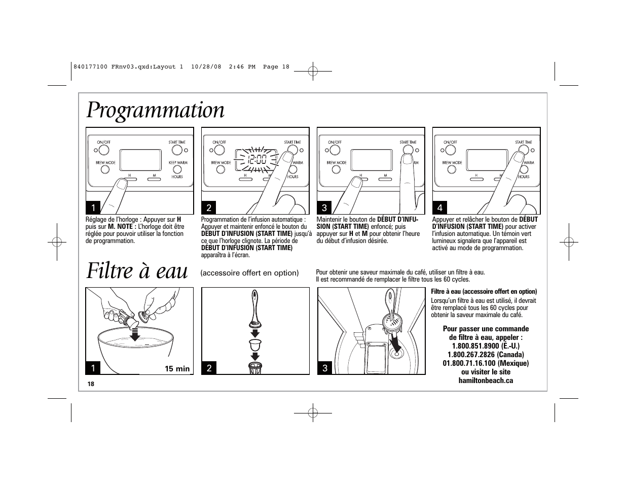 Programmation, Filtre à eau | Hamilton Beach 48464 User Manual | Page 18 / 36