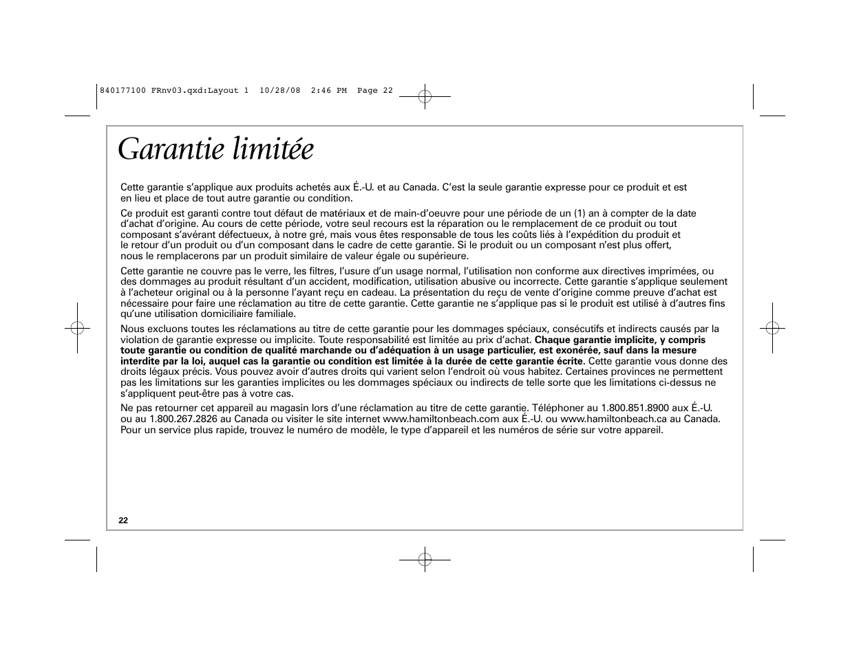 Garantie limitée | Hamilton Beach 48464 User Manual | Page 22 / 36