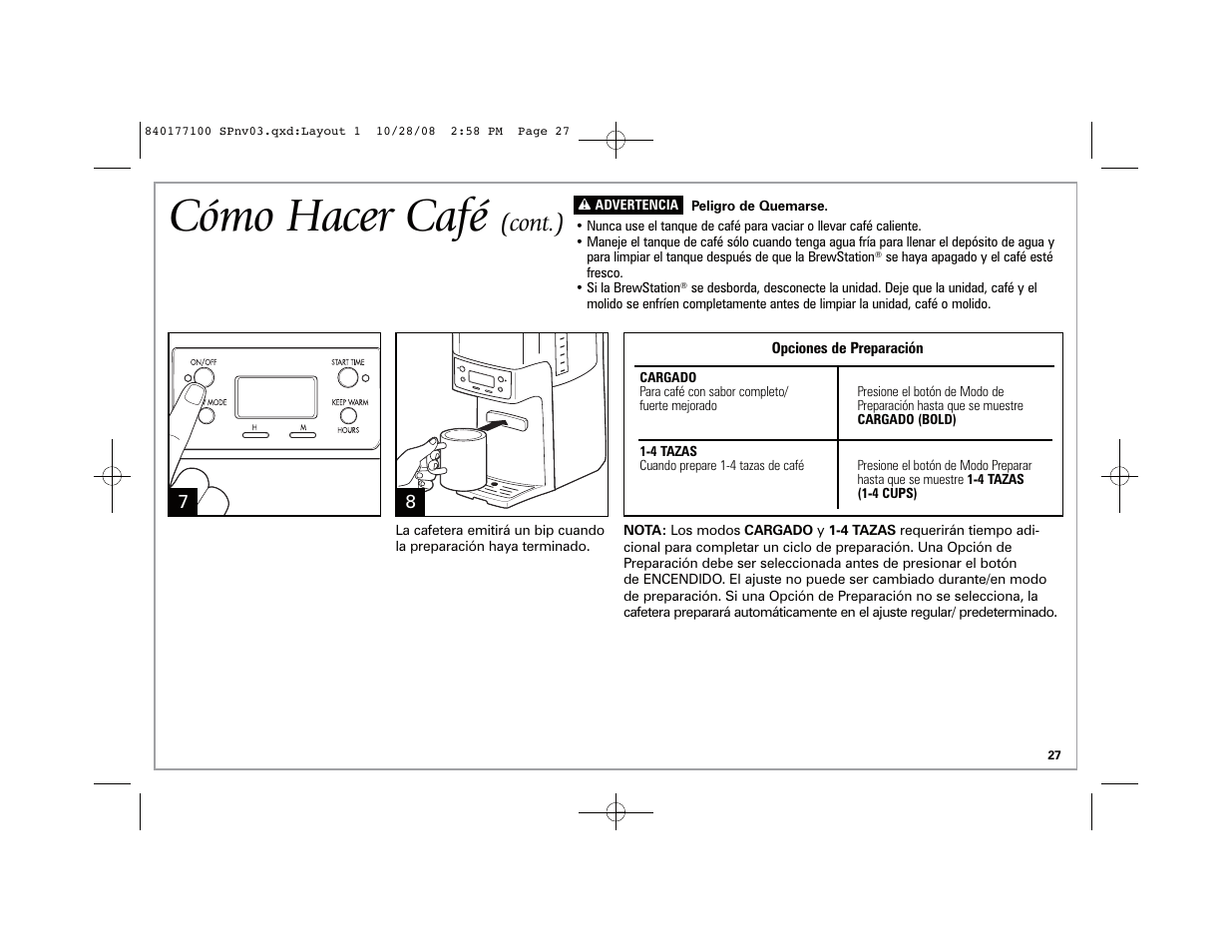 Cómo hacer café, Cont.) | Hamilton Beach 48464 User Manual | Page 27 / 36