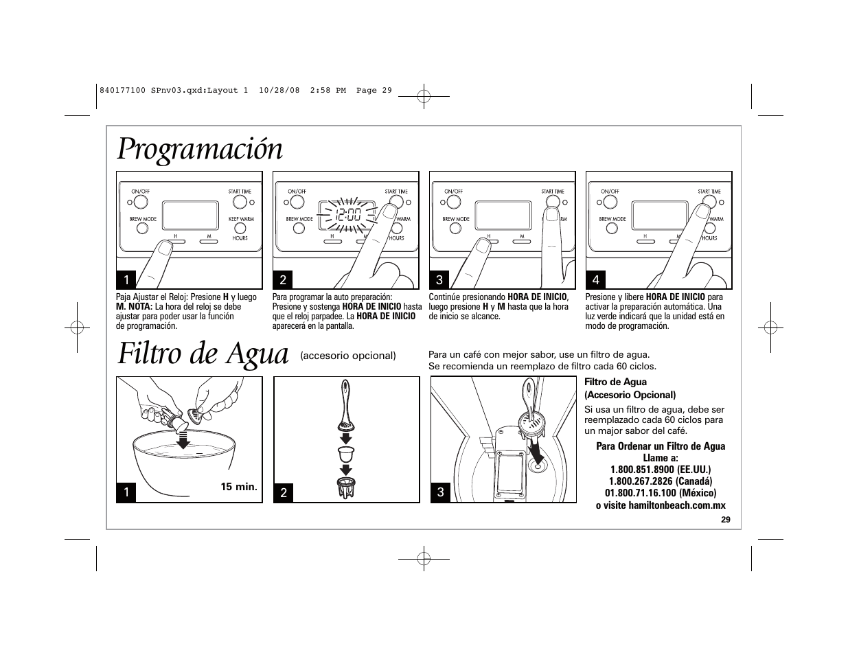 Programación, Filtro de agua | Hamilton Beach 48464 User Manual | Page 29 / 36