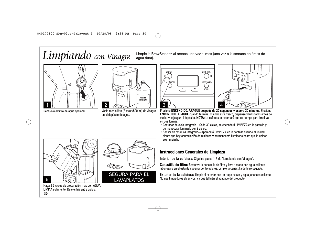 Limpiando, Con vinagre | Hamilton Beach 48464 User Manual | Page 30 / 36