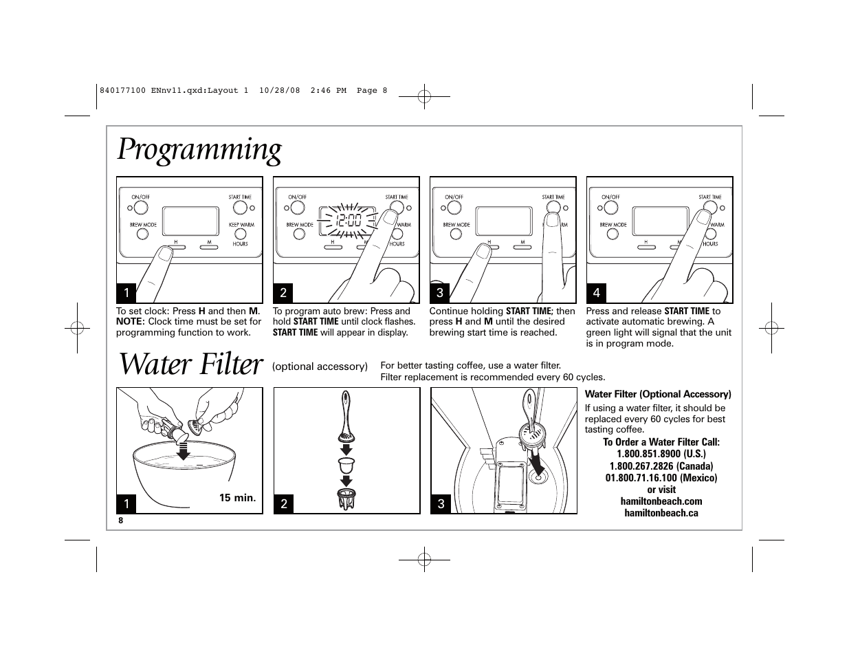 Programming, Water filter | Hamilton Beach 48464 User Manual | Page 8 / 36