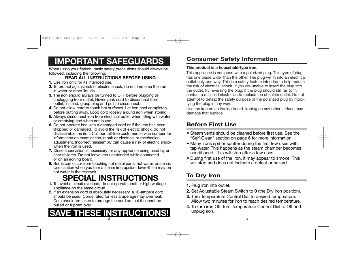 Important safeguards, Save these instructions, Special instructions | Hamilton Beach 840101300 User Manual | Page 2 / 12