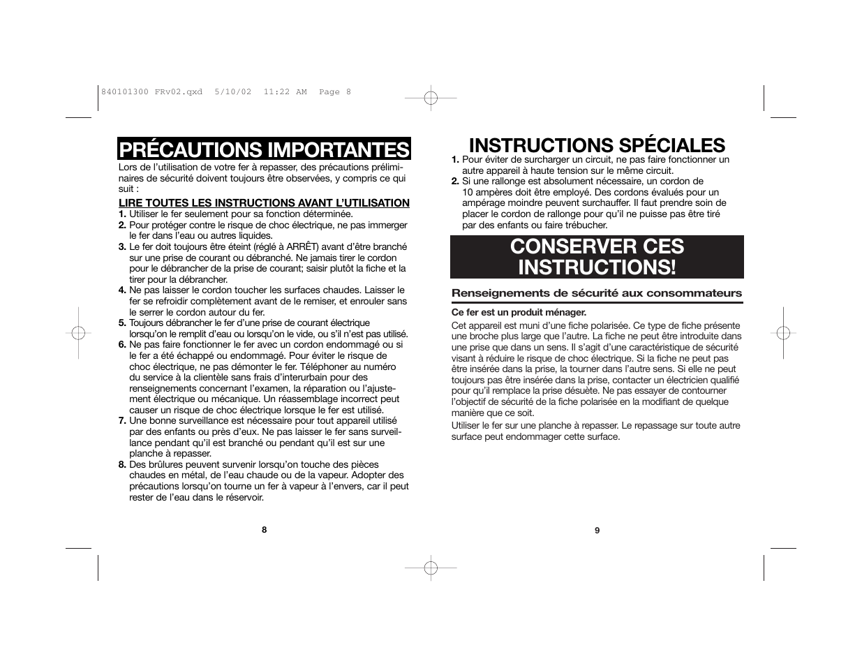 Conserver ces instructions, Précautions importantes, Instructions spéciales | Hamilton Beach 840101300 User Manual | Page 5 / 12