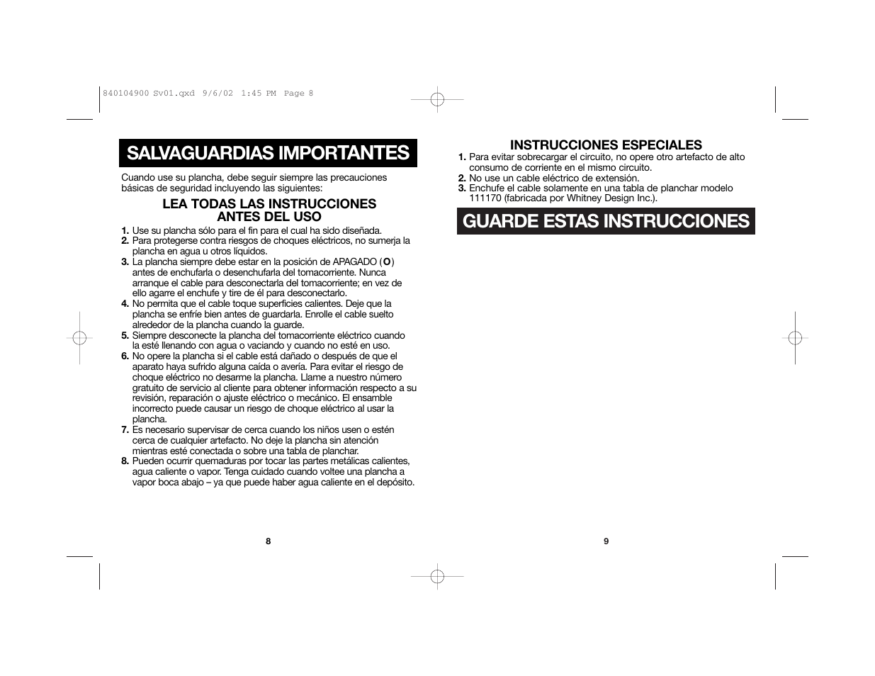 Tantes, Guarde estas instrucciones, Salvaguardias impor | Hamilton Beach 840104900 User Manual | Page 5 / 9