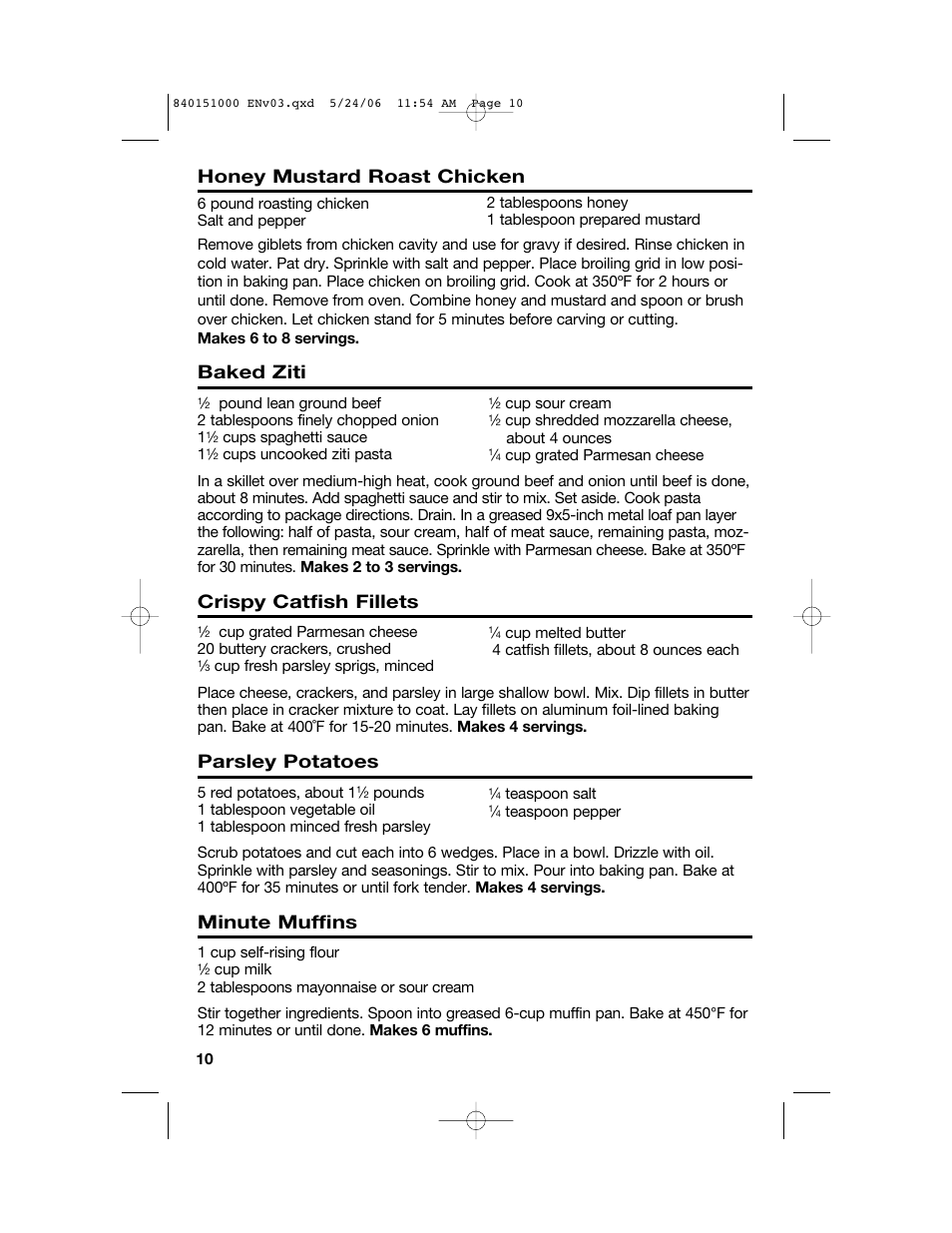 Honey mustard roast chicken, Baked ziti, Crispy catfish fillets | Parsley potatoes, Minute muffins | Hamilton Beach 840151000 User Manual | Page 10 / 36