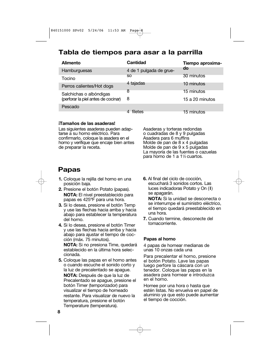 Tabla de tiempos para asar a la parrilla, Papas | Hamilton Beach 840151000 User Manual | Page 24 / 36