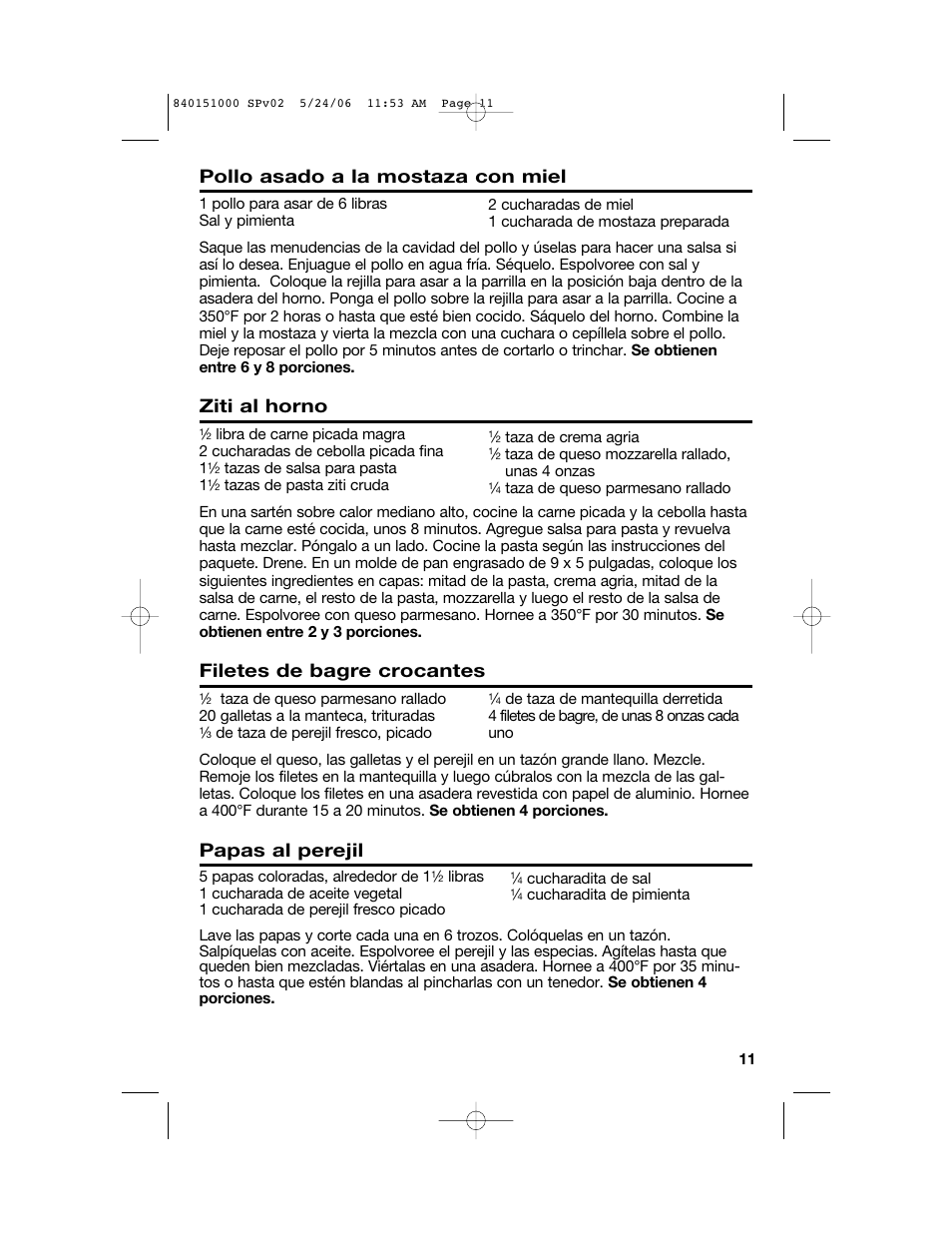 Pollo asado a la mostaza con miel, Ziti al horno, Filetes de bagre crocantes | Papas al perejil | Hamilton Beach 840151000 User Manual | Page 27 / 36